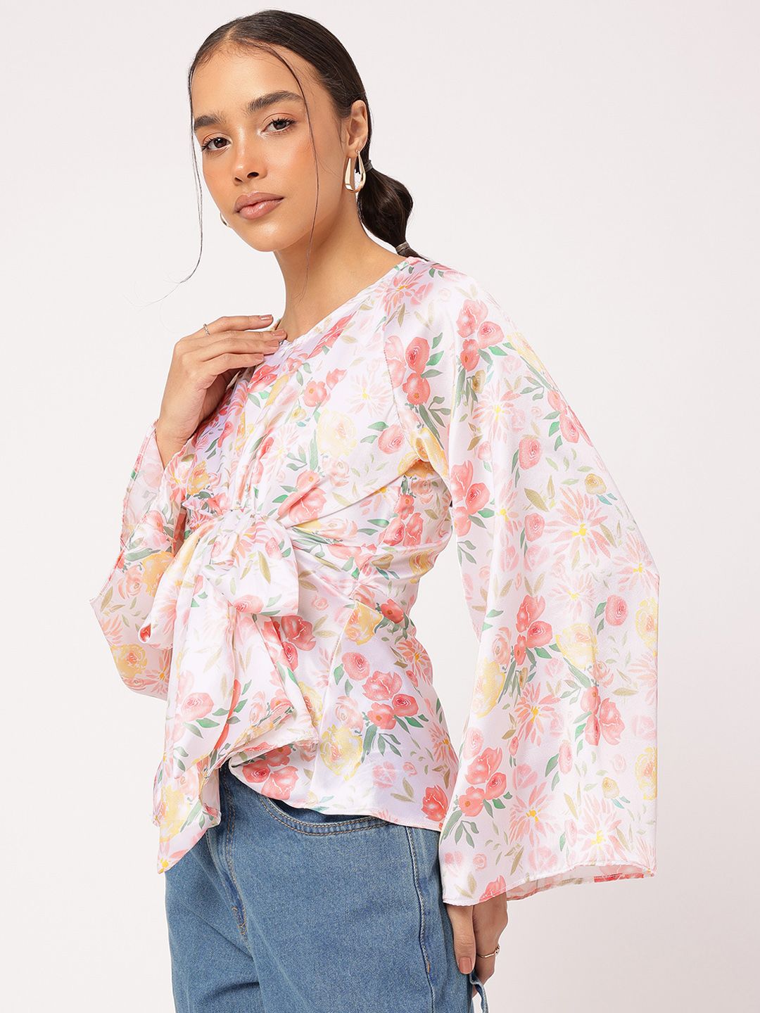 DressBerry Glam Groove Floral Printed Tie-Up Flared Sleeve Top