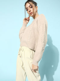 STREET 9 Women Cream-Coloured Acrylic Ribbed Pullover