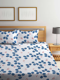 KLOTTHE White & Blue Floral Print 300 TC Fitted Double King Bedsheet With 2 Pillow Covers