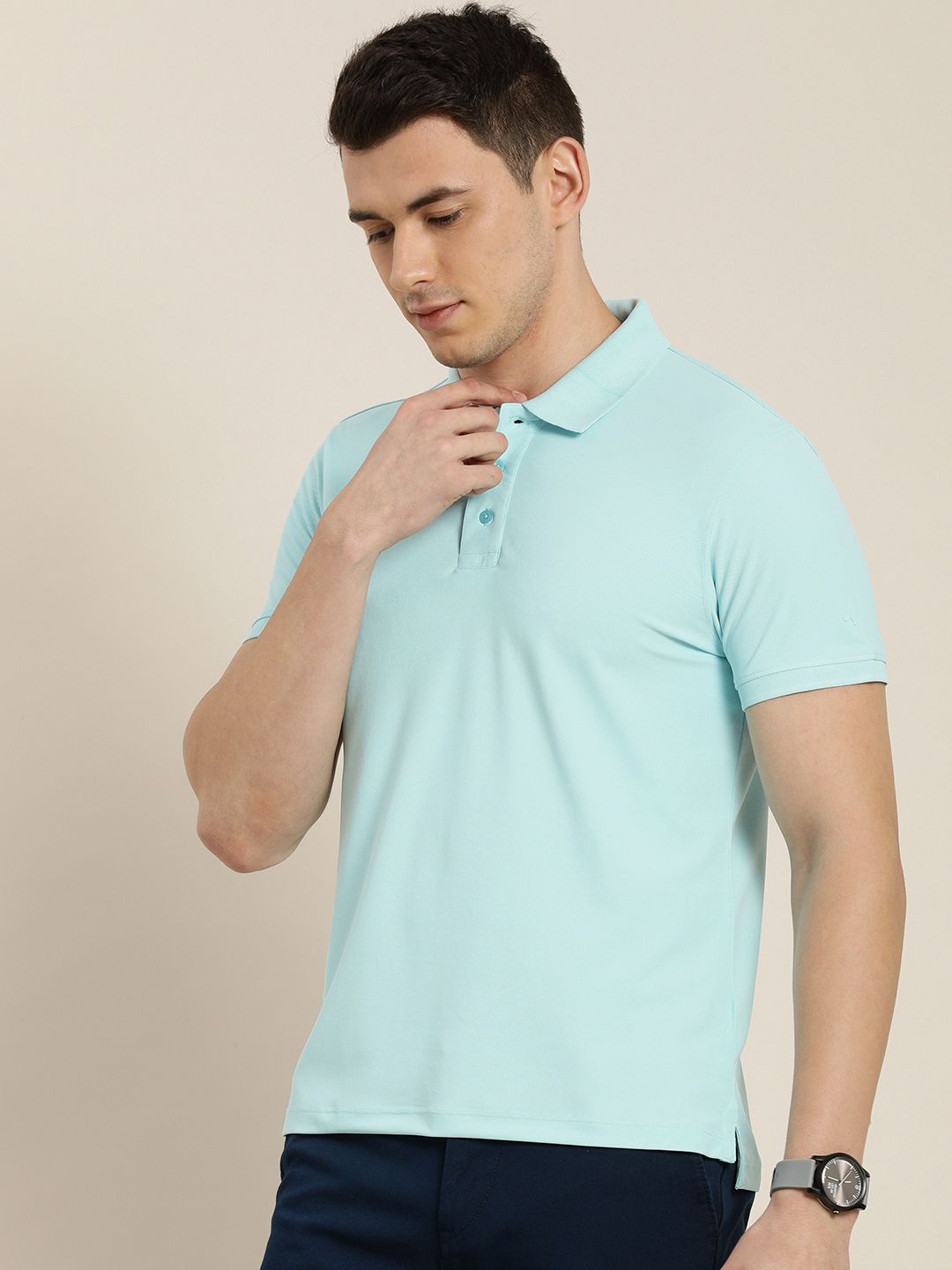 ether Men Blue Solid Moisture-Wicking Antimicrobial Polo