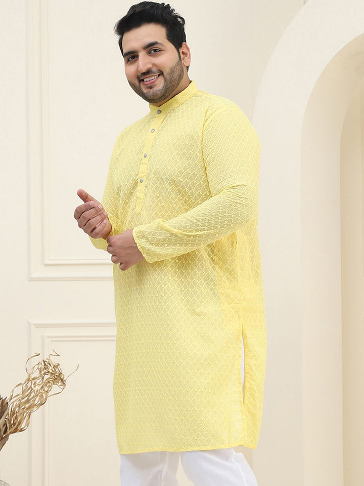 SOJANYA PLUS Size Men Yellow Ethnic Motifs Embroidered Pure Cotton Kurta