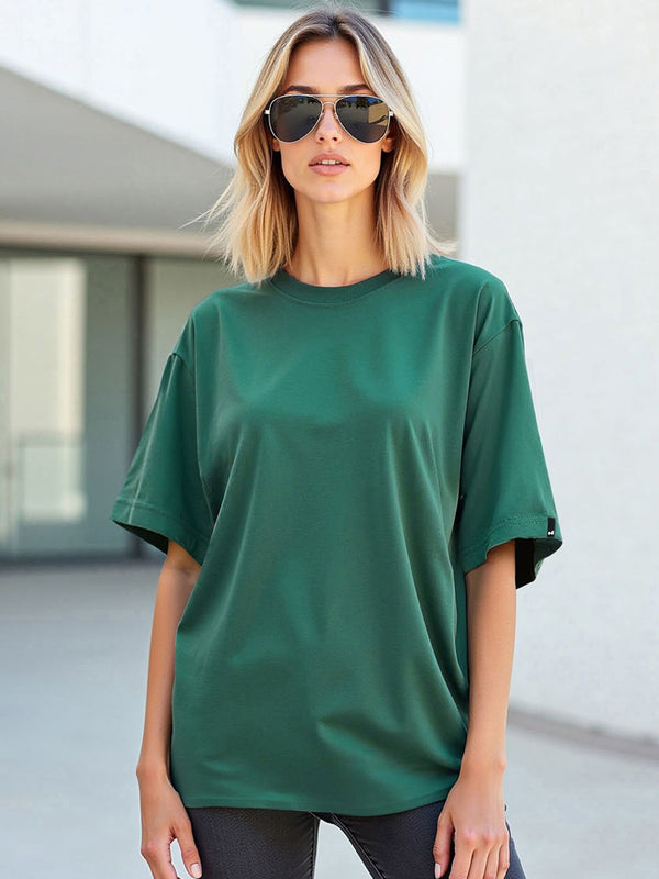 Bewakoof Women Green Drop-Shoulder Sleeves Cotton Oversized T-shirt