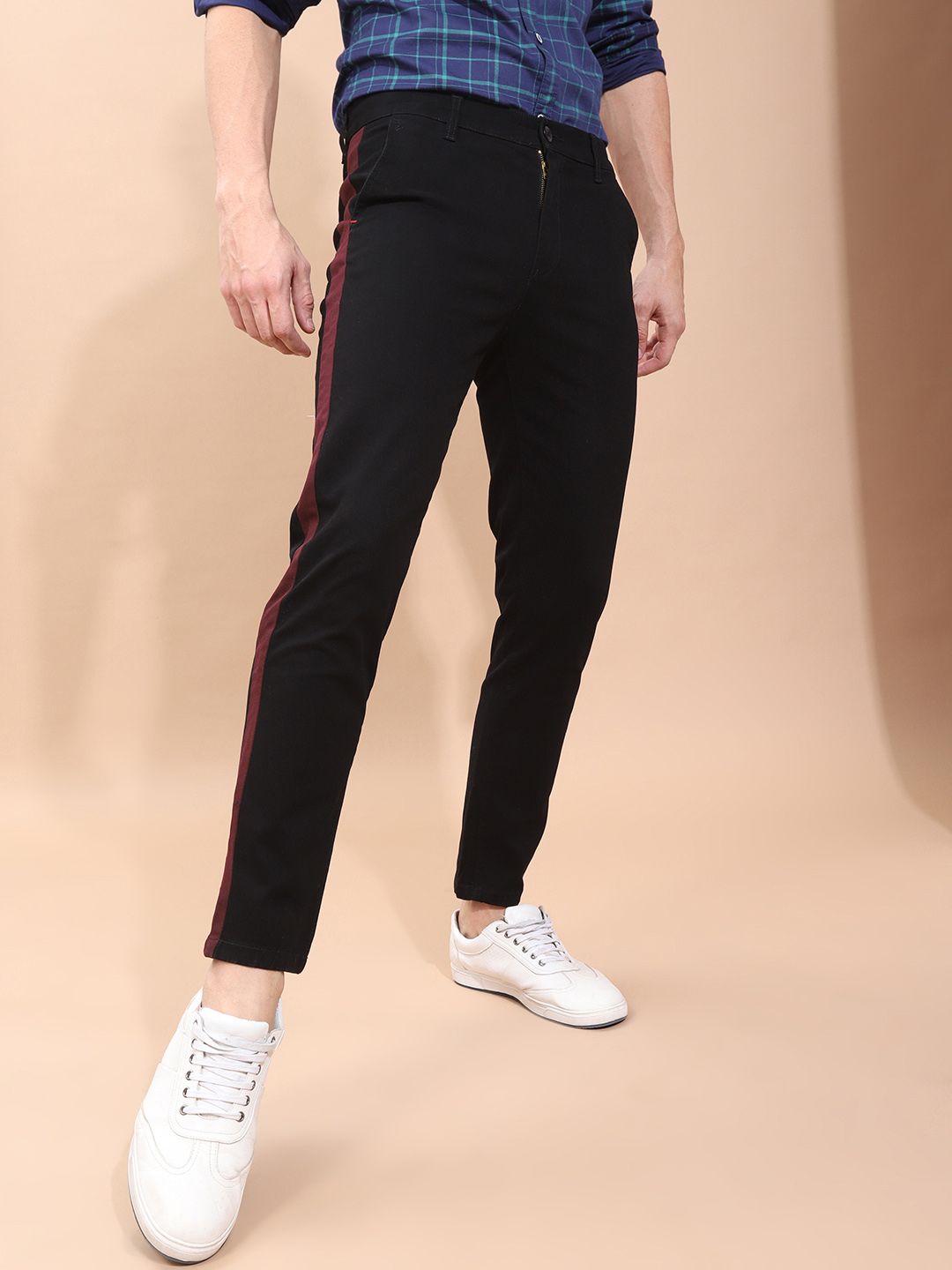 The Indian Garage Co Men Black Slim Fit Solid Chinos With Side Strip Detail