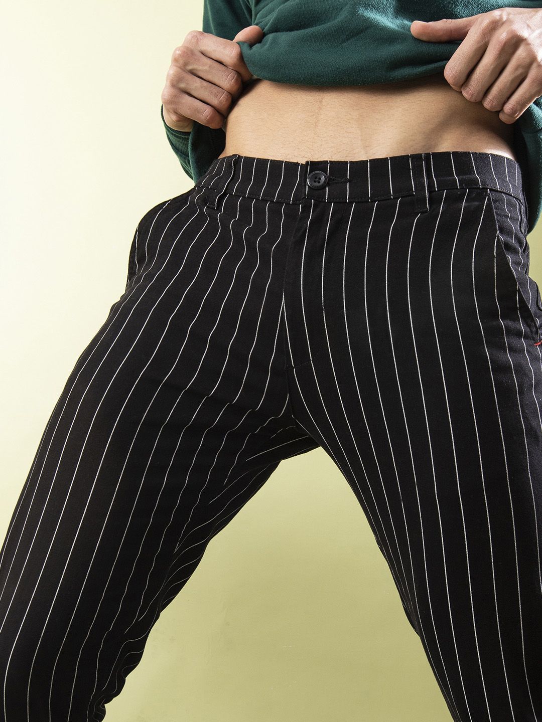 The Indian Garage Co Men Black & White Slim Fit Striped Regular Trousers
