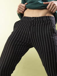 The Indian Garage Co Men Black & White Slim Fit Striped Regular Trousers