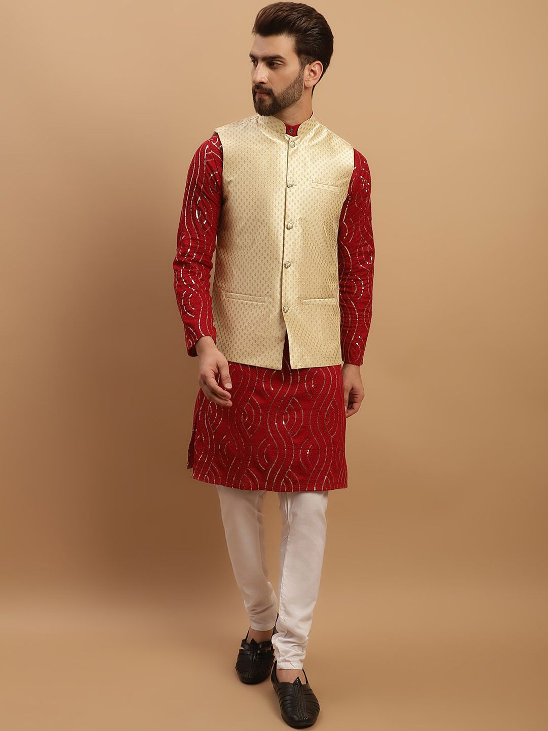SOJANYA Embeoidered Sequinned Pure Cotton Kurta with Churidar & Woven Design Nehru Jacket