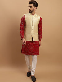 SOJANYA Embeoidered Sequinned Pure Cotton Kurta with Churidar & Woven Design Nehru Jacket