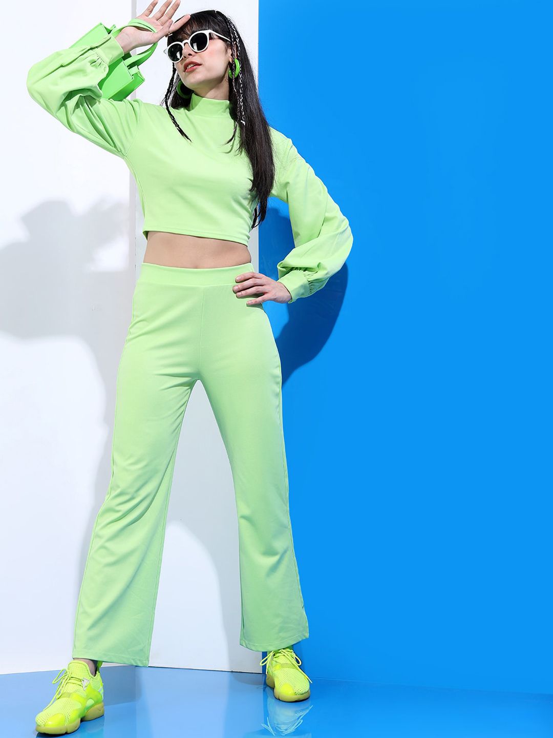 Tokyo Talkies Women Green Solid Crop-Top & Trouser Co-Ords
