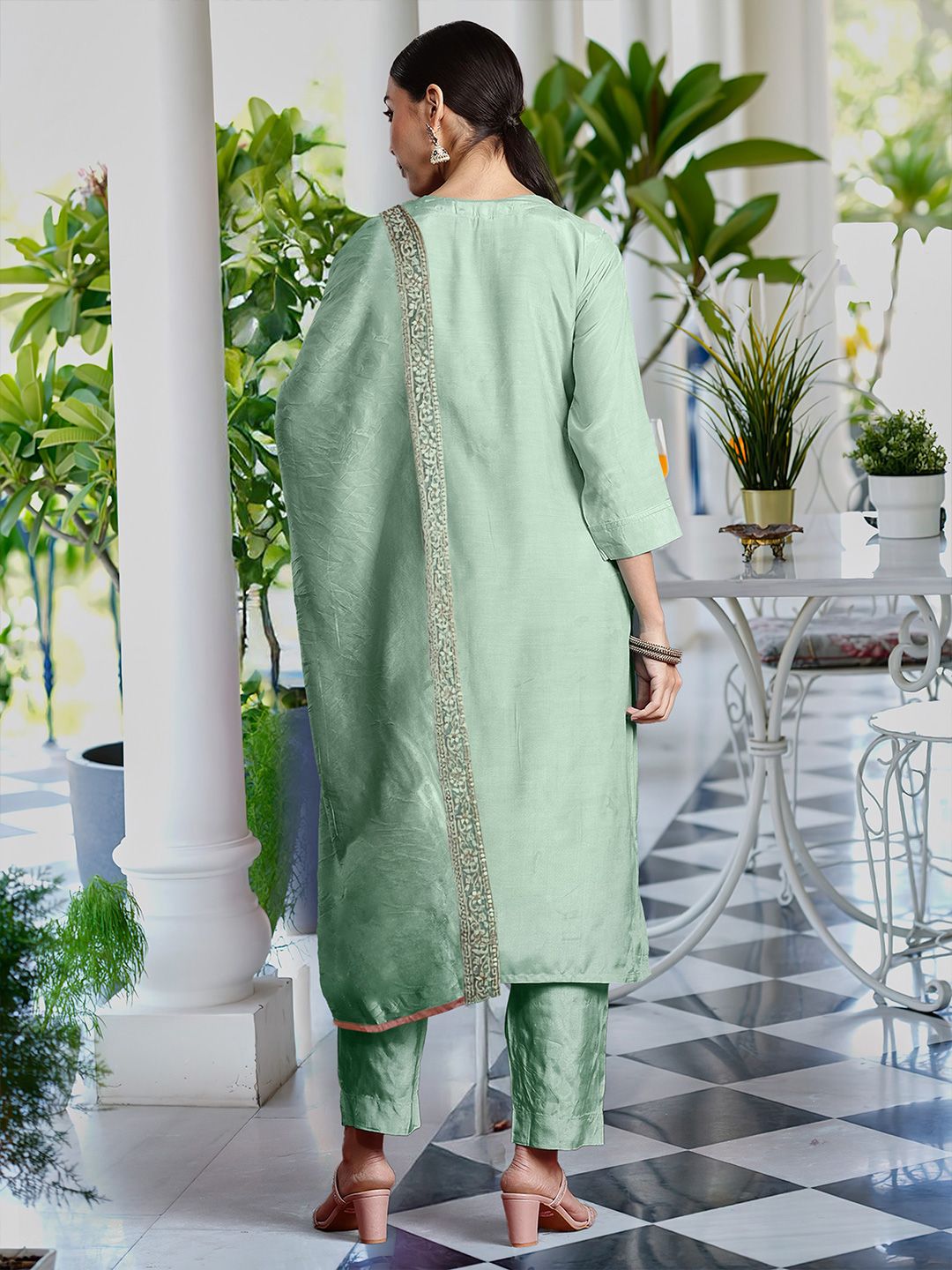 Indo Era Zari Ethnic Motifs Embroidered Notch Neck Straight Kurta With Trousers & Dupatta