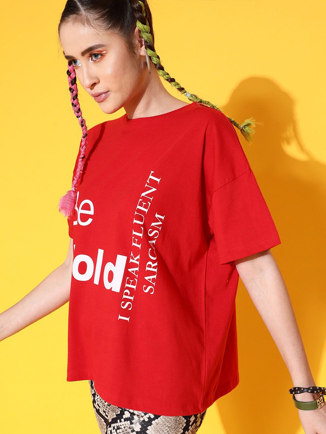 STREET 9 Women Red Printed Cotton Drop-Shoulder Sleeves Bio Finish T-shirt