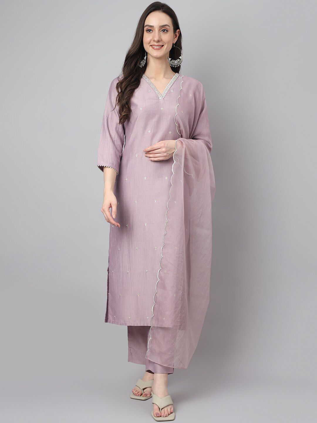 Janasya Women's Lavender Silk Blend Embellished Kurta with Pant and Dupatta