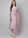 Janasya Women's Lavender Silk Blend Embellished Kurta with Pant and Dupatta