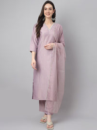 Janasya Women's Lavender Silk Blend Embellished Kurta with Pant and Dupatta