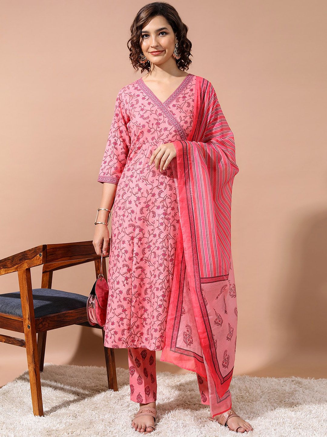 Vishudh Pink Ethnic Motifs Printed Angrakha Kurta With Trousers & Dupatta
