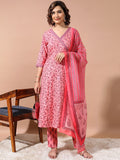 Vishudh Pink Ethnic Motifs Printed Angrakha Kurta With Trousers & Dupatta
