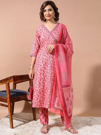 Vishudh Pink Ethnic Motifs Printed Angrakha Kurta With Trousers & Dupatta
