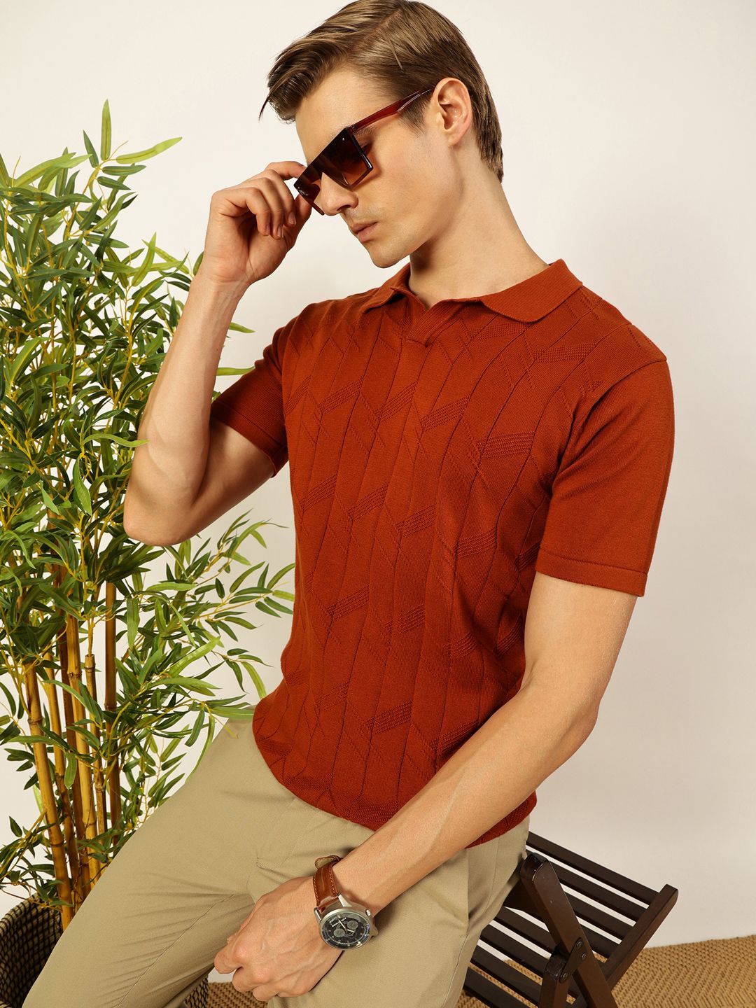 Thomas Scott Men Self Design Regular Fit Knitted Polo T-shirt