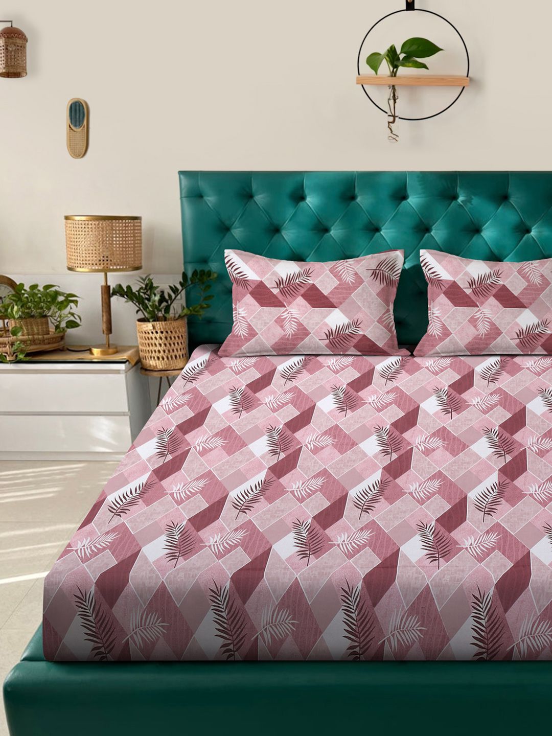 KLOTTHE Purple Floral Printed 400 TC Pure Cotton Fitted King Bedsheet & 2 Pillow Covers