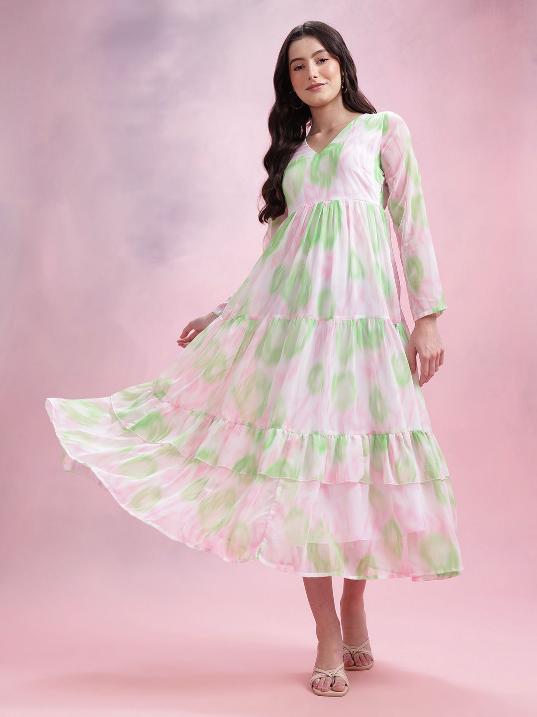 DressBerry Printed Ruffled A-Line Tiered Midi Dress
