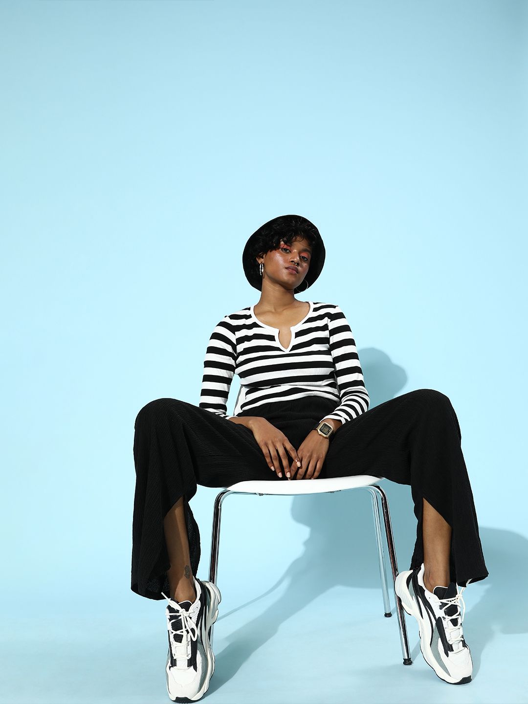 SASSAFRAS Women Black Striped Knitted Tshirt