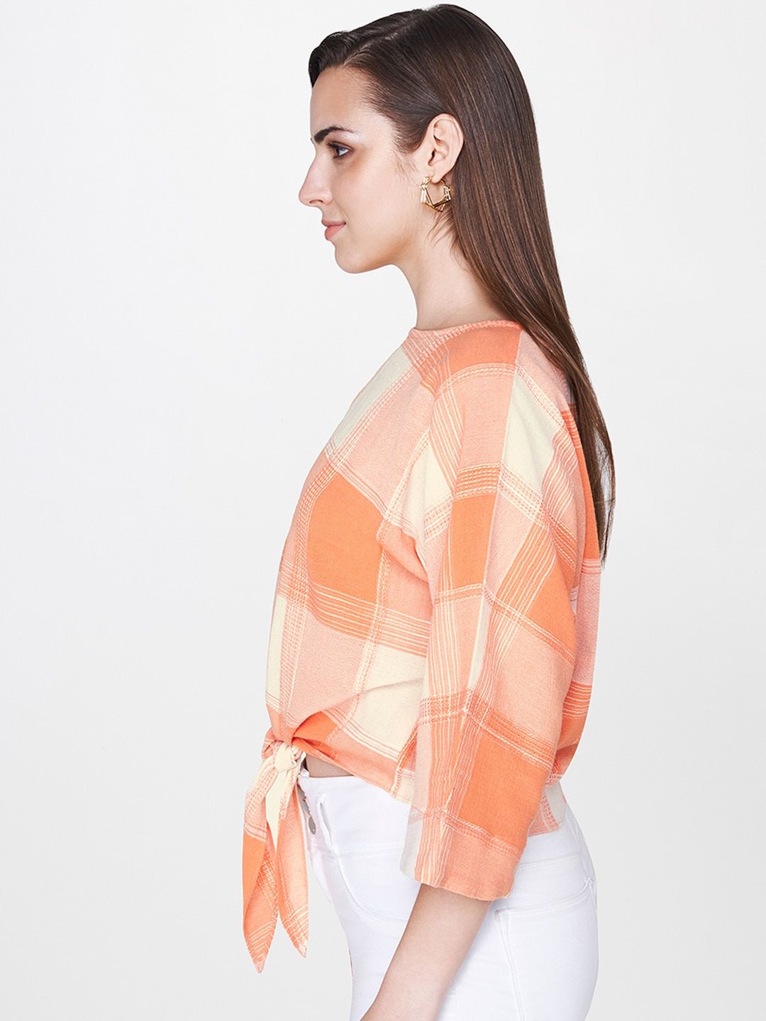 AND Women Orange & Beige Checked Pure Cotton Top with Front Knot
