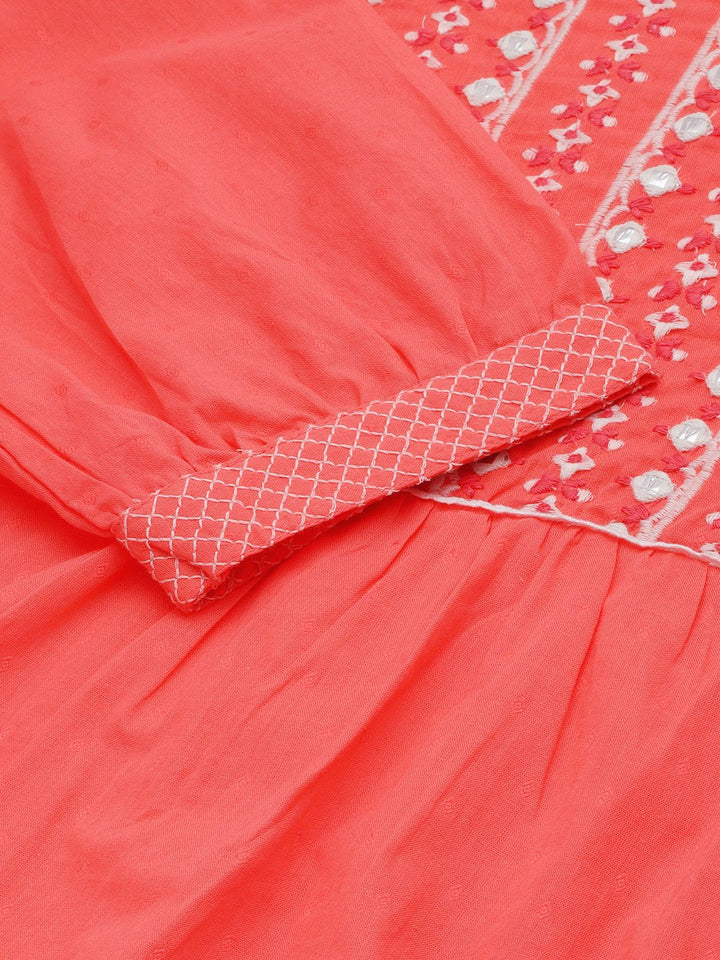 Global Desi Women Coral Pink & White Embroidered A-Line Dress