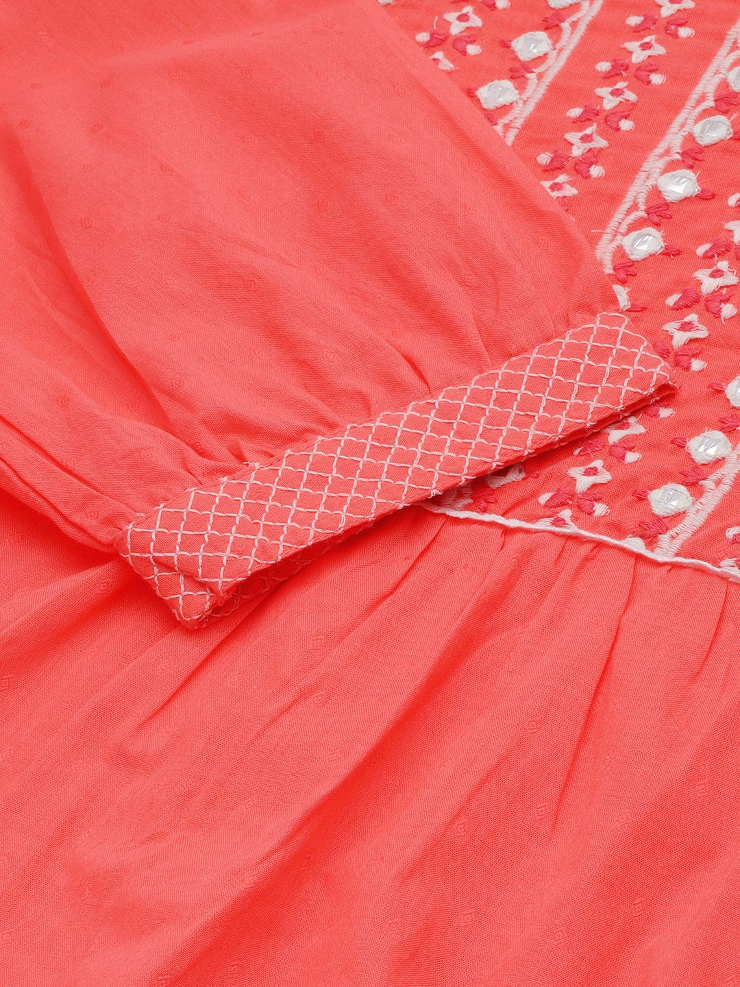 Global Desi Women Coral Pink & White Embroidered A-Line Dress