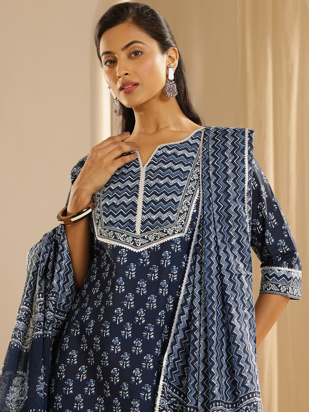 Libas Floral Printed Gotta Patti Pure Cotton Kurta with Palazzos & Dupatta