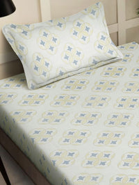 KLOTTHE Cream & Green Geometric Cotton 400 TC Fitted Single Bedsheet With Pillow Cover