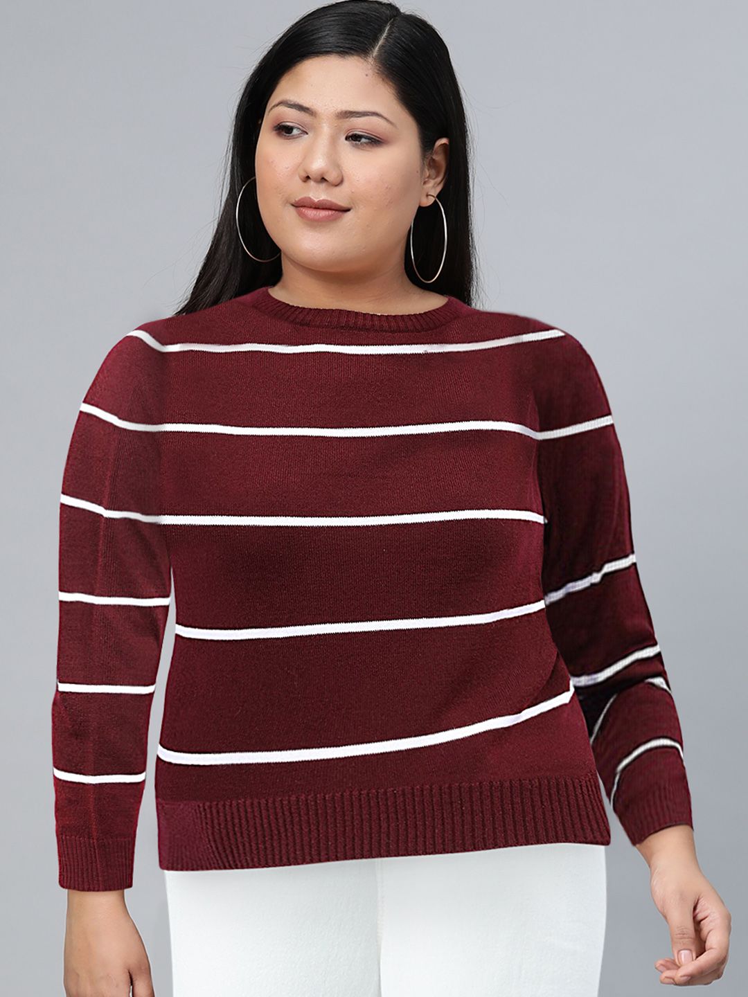 Tokyo Talkies Women Maroon & White Striped Pullover Sweaters