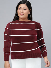 Tokyo Talkies Women Maroon & White Striped Pullover Sweaters