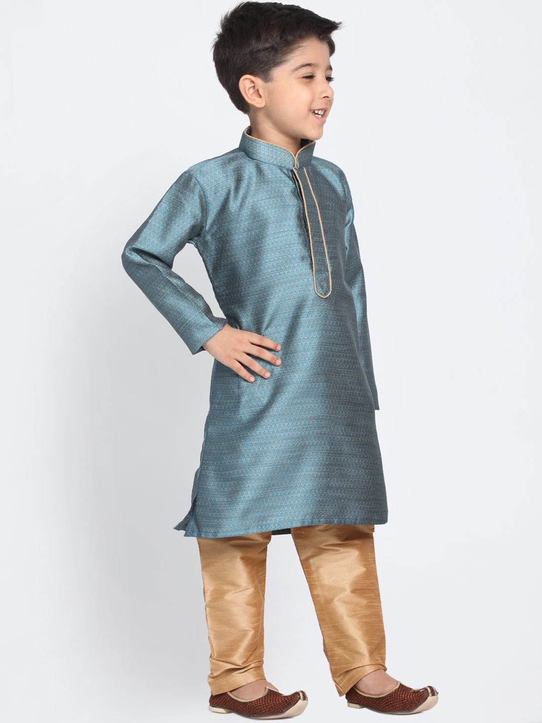 VASTRAMAY Boys Blue & Beige Self Design Kurta with Churidar