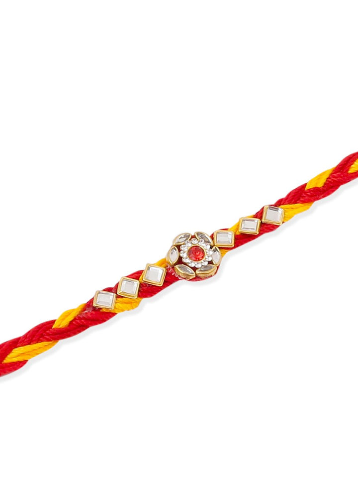 NVR Unisex Set of 6 Kundan Studded Floral Thread Rakhi with Roli Chawal Chandan Mishri