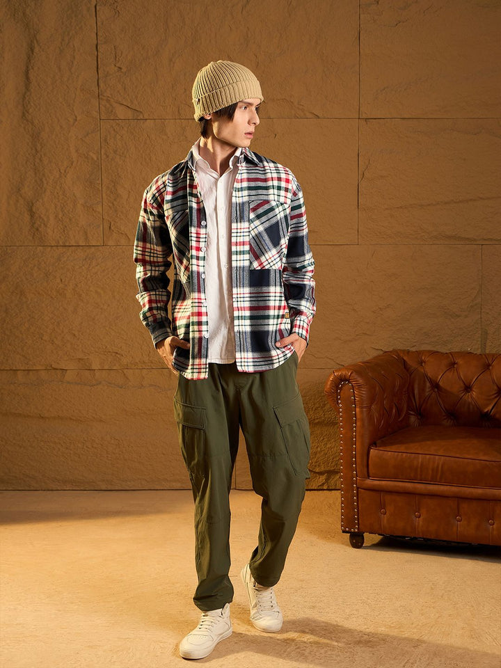 DENNISON Men Double Pocket Drop Shoulder Oversized Cotton Checked Shacket