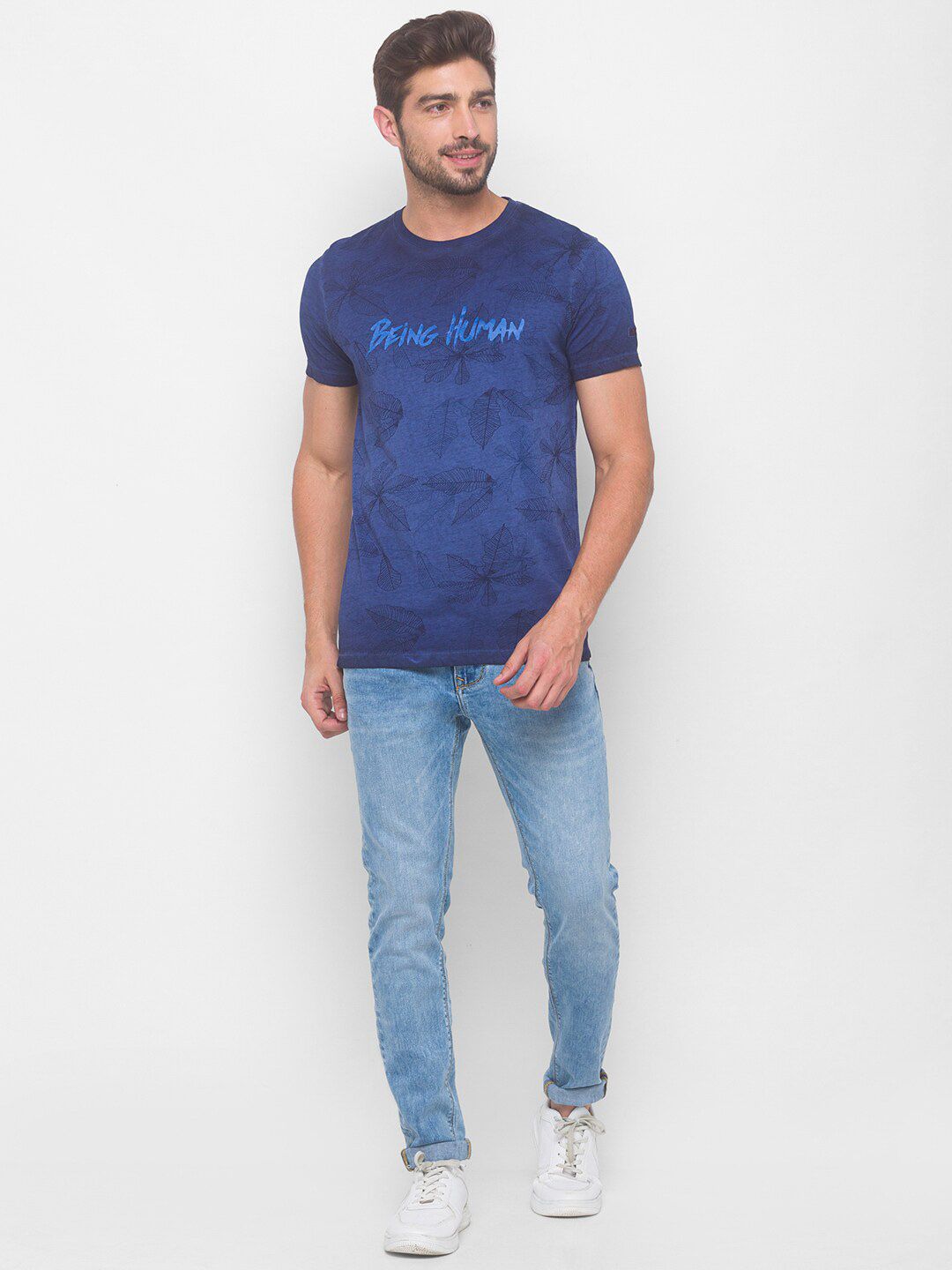 Being Human Men Navy Blue Typography Printed Pure Cotton T-shirt