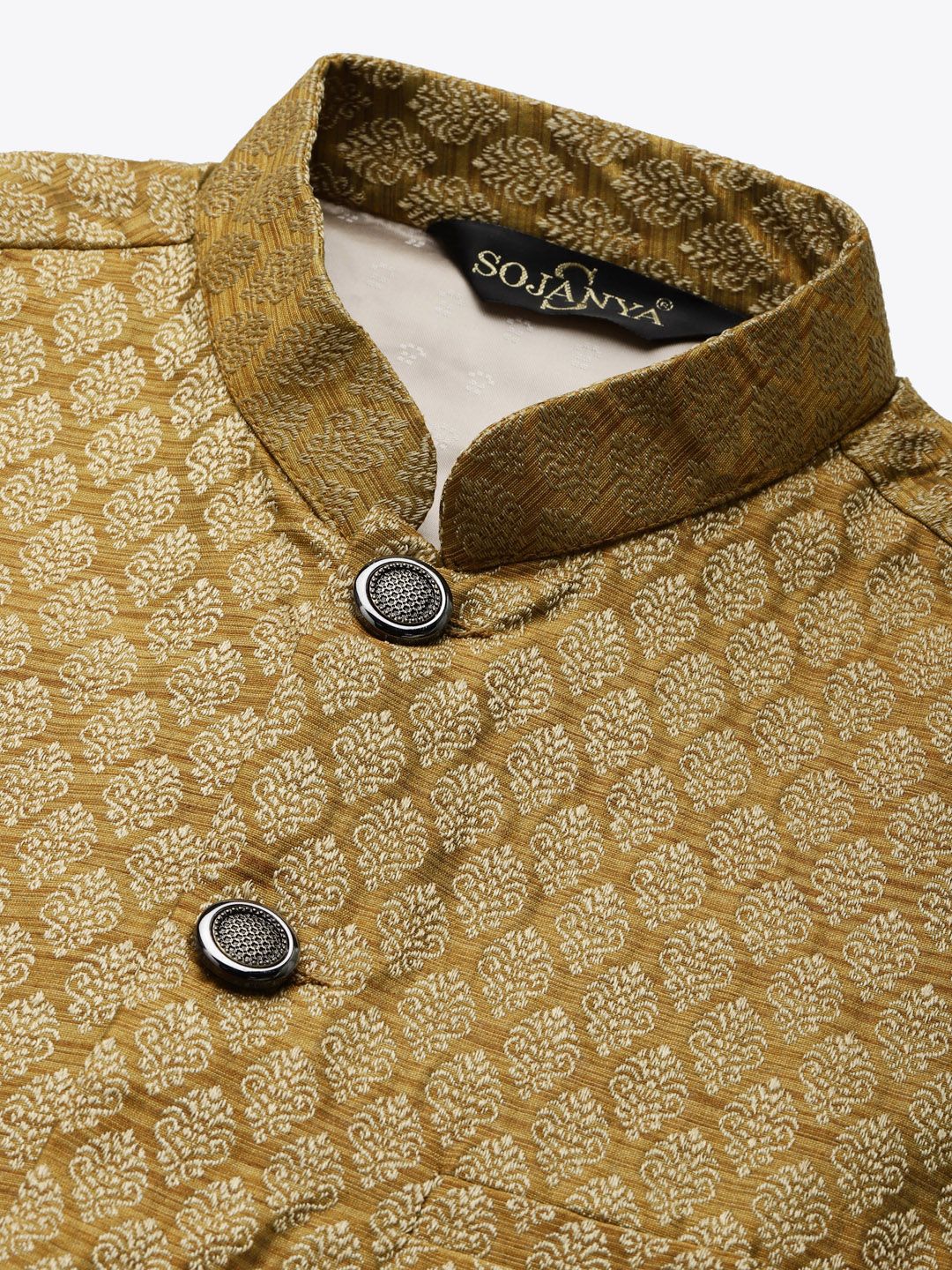 SOJANYA Kurta Motif Etnik Hijau & Coklat Sawi Lelaki dengan Jaket Churidar & Nehru
