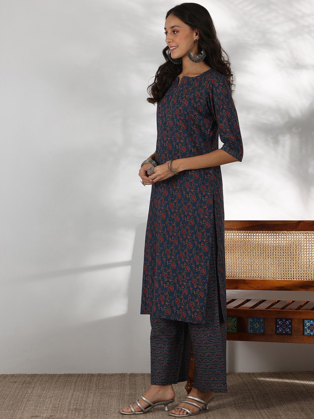 Libas Floral Printed Notch Neck Pure Cotton Straight Kurta with Palazzos & Dupatta