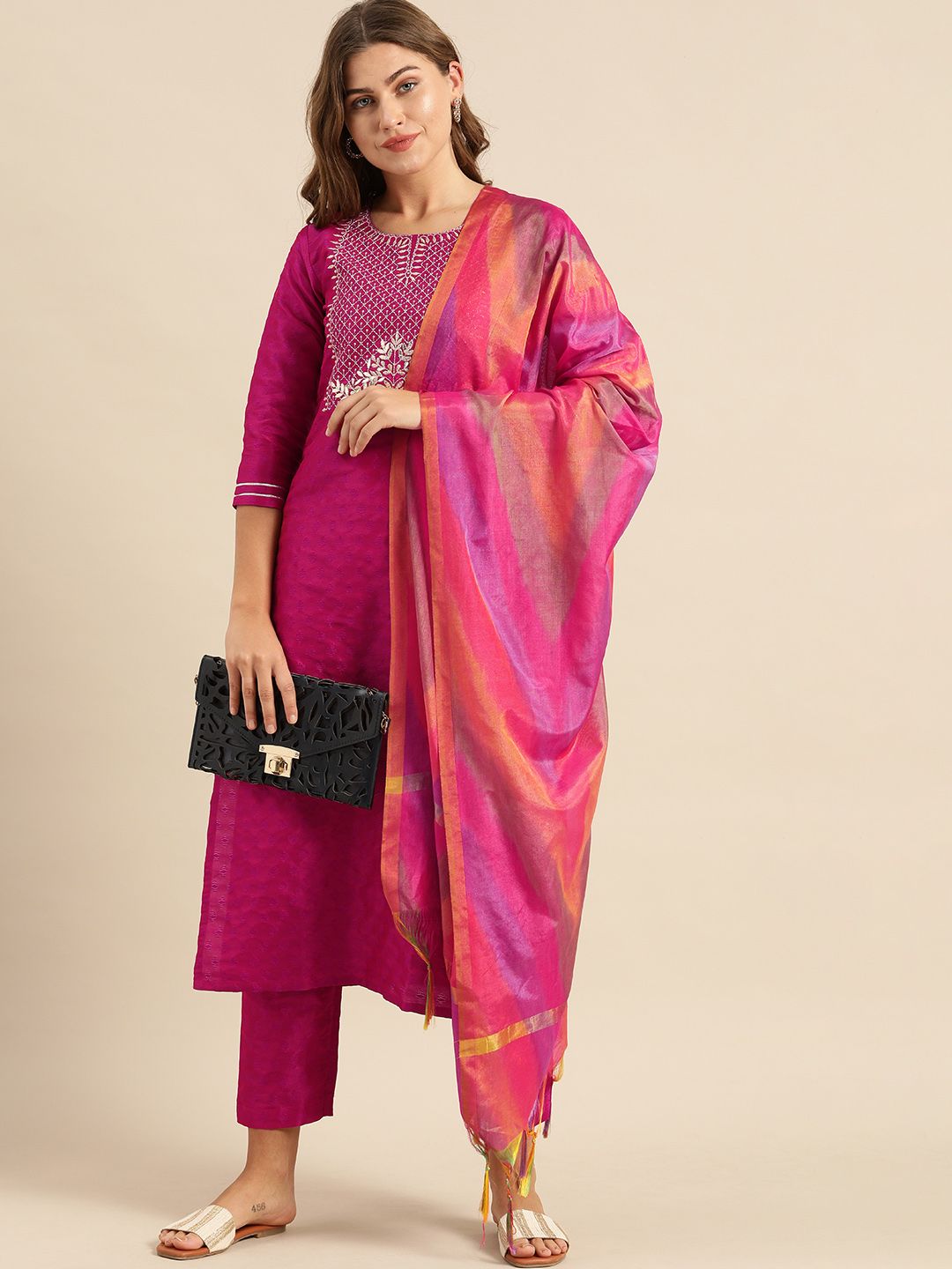 Varanga Women Magenta & Gold-Toned Embroidered Kurta with Trousers & Dupatta