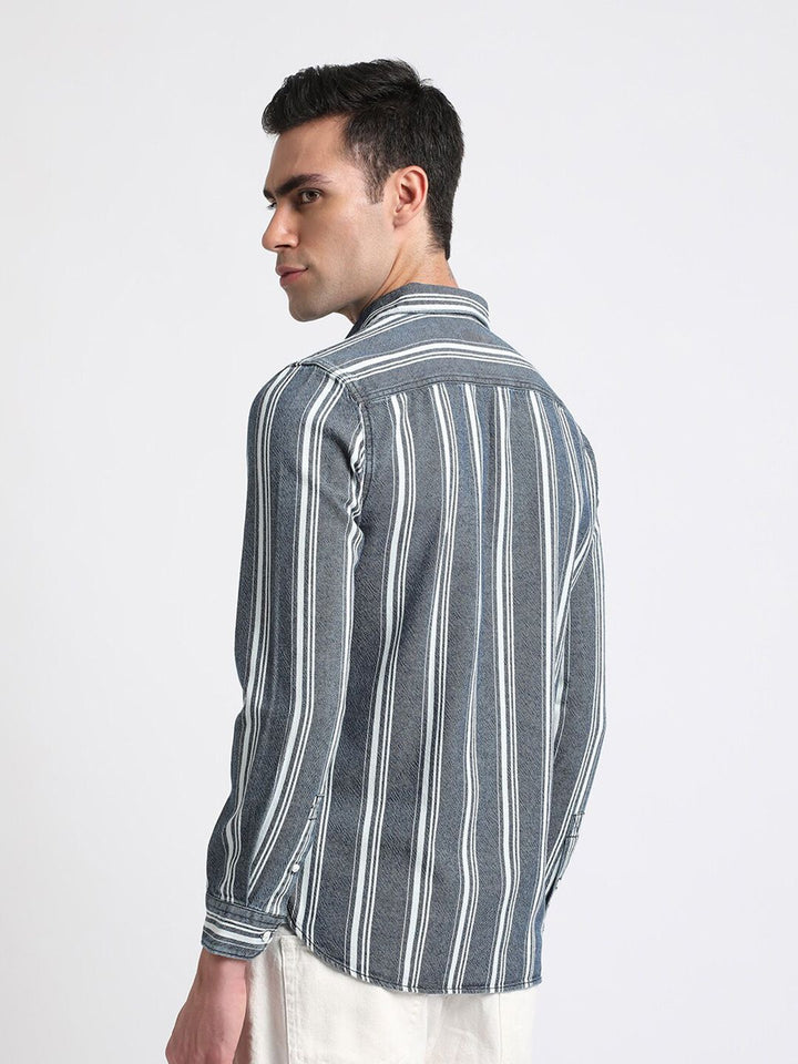 THE BEAR HOUSE Slim Fit Striped Twill Pure Cotton Casual Shirt