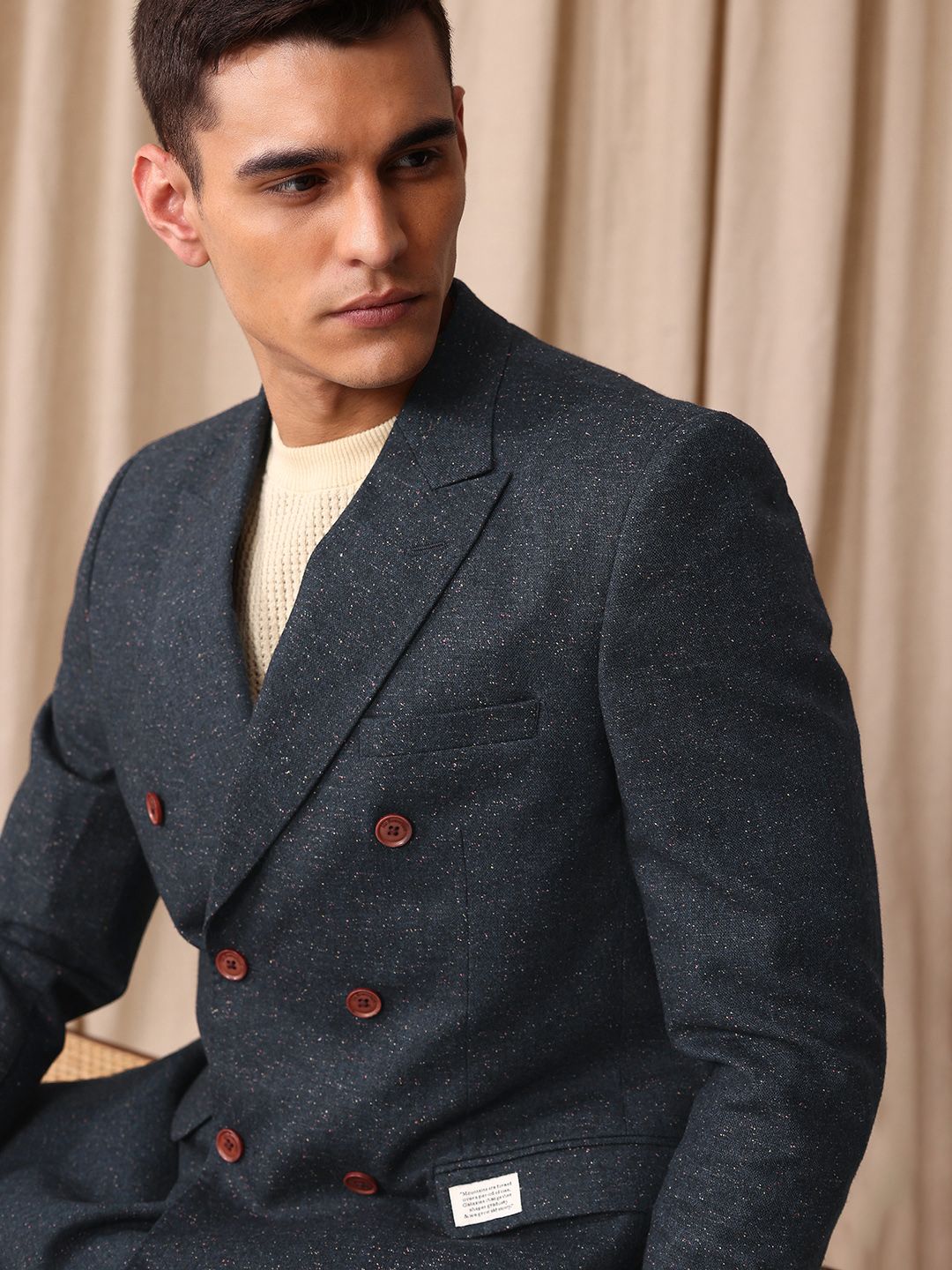 Mr Bowerbird Self Design Tailored Fit Double Breasted Casual Blazer