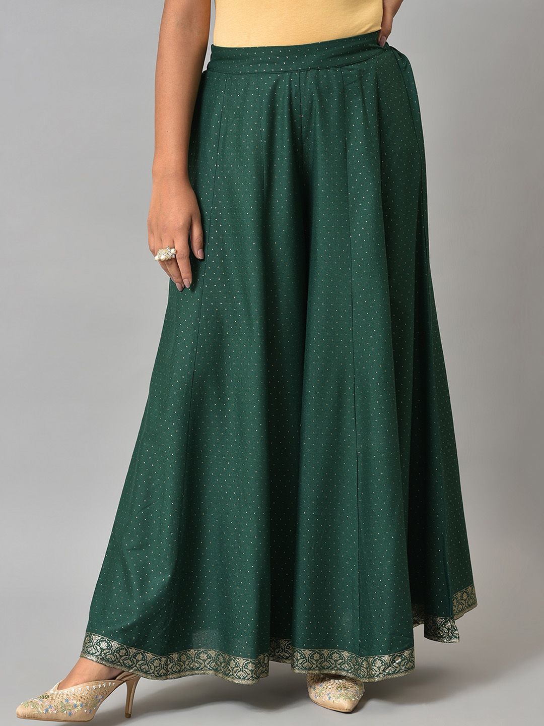 W Women Green Polka Dots Printed Wide Leg Palazzos