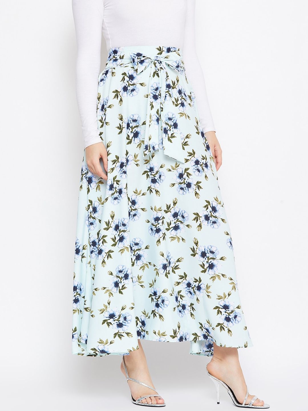 Berrylush Green & Blue Printed Flared Maxi Skirt