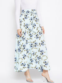 Berrylush Green & Blue Printed Flared Maxi Skirt