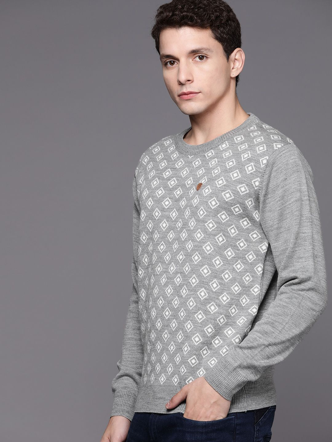 Raymond Men Grey Melange & White Self-Design Pullover