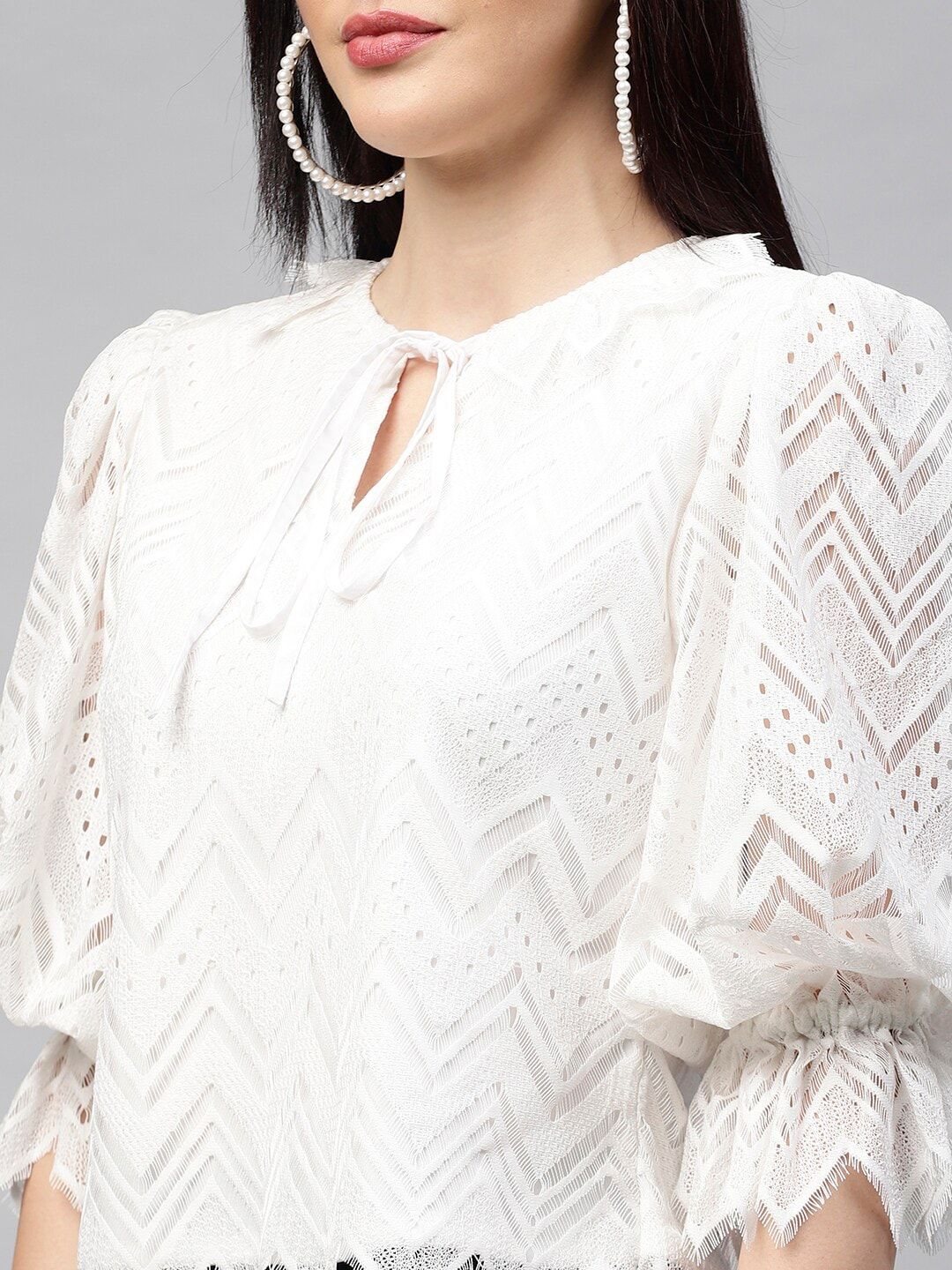 Athena White Tie-Up Neck Puff Sleeves Lace Top