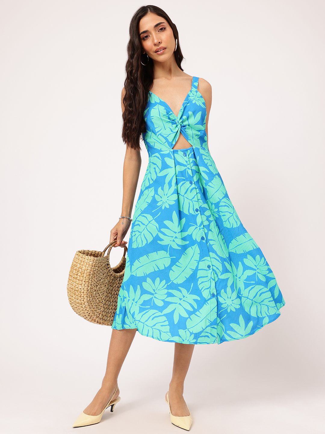 DressBerry Paradise Ready Tropical Printed Shoulder Straps Cut-Out Midi Dress