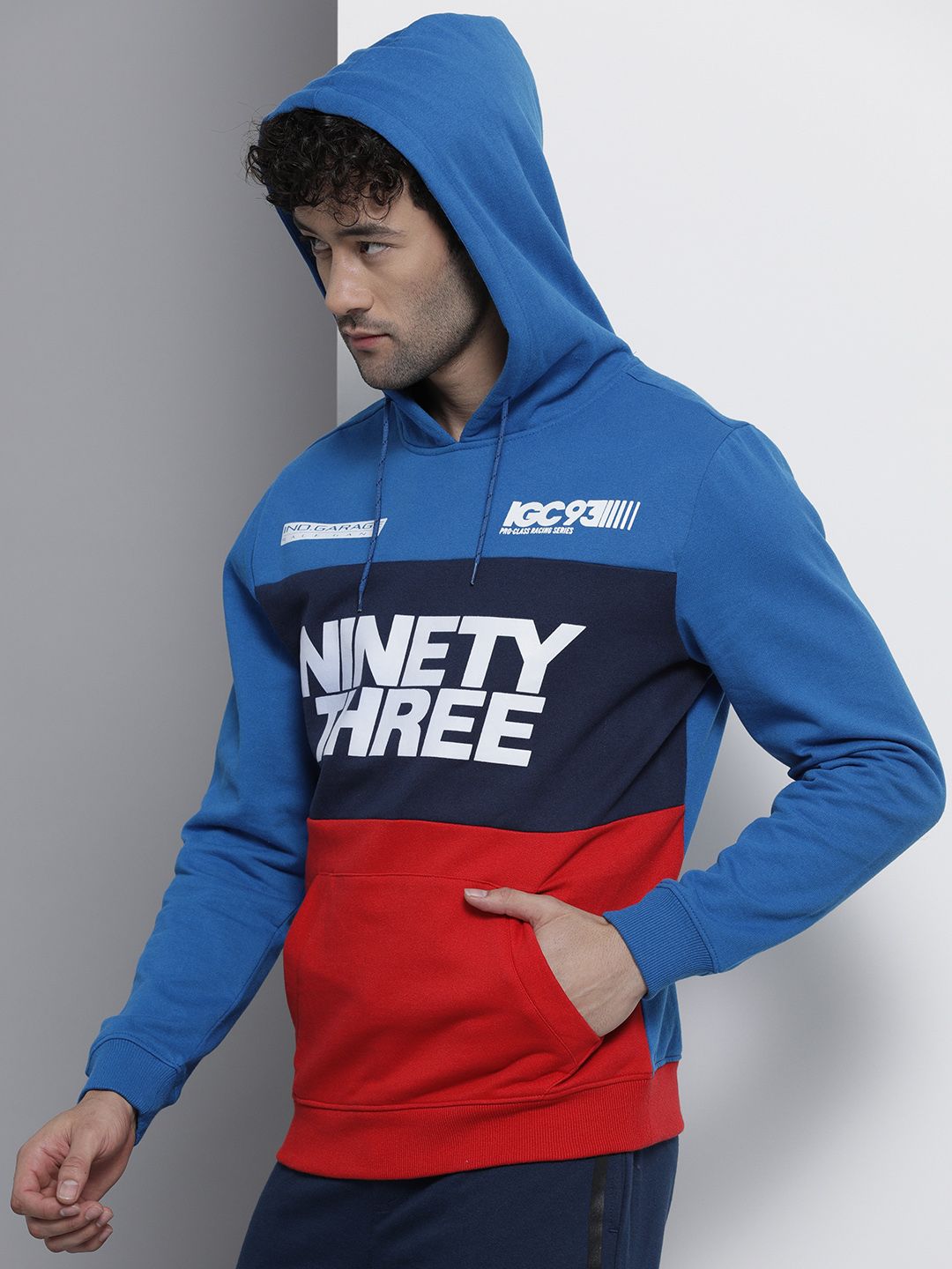 The Indian Garage Co Men Blue Colourblocked Hooded Sweatshirt