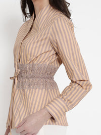 RAREISM Striped Dooze Regular Fit Waist Tie-Up Cuffed Sleeves Cotton Shirt Style Top