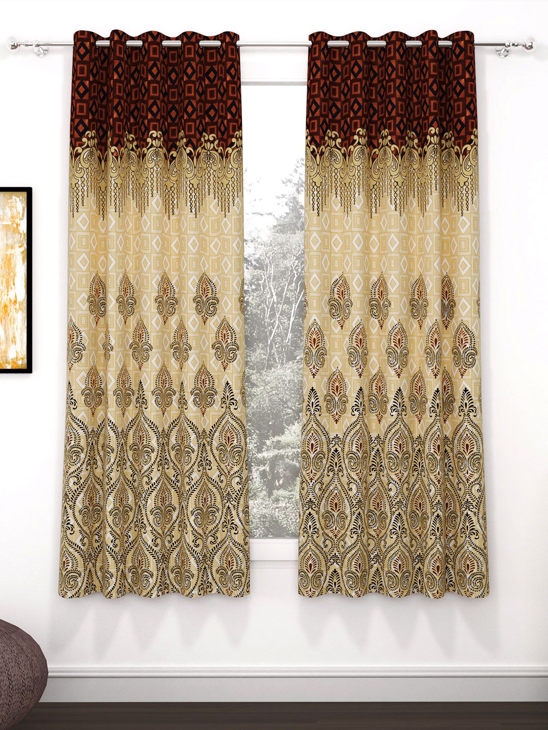 Story@home Bronze-Toned & Brown 2 Pieces Geometric Window Curtain