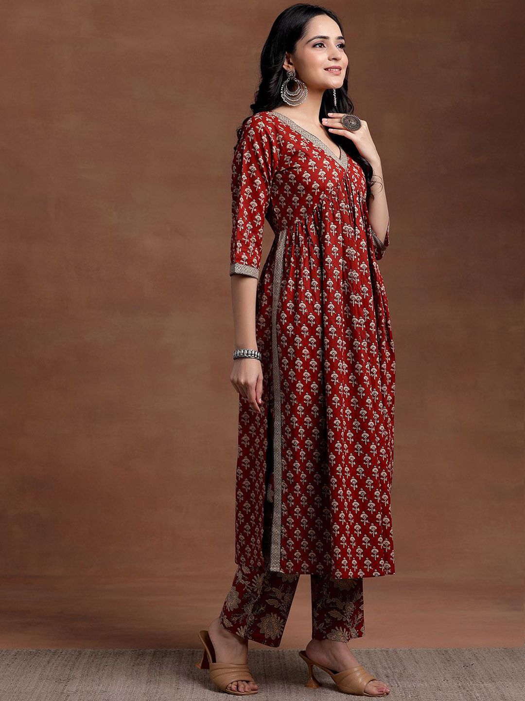Libas V Neck Floral Printed Empire Pure Cotton A Line Kurta with Palazzo